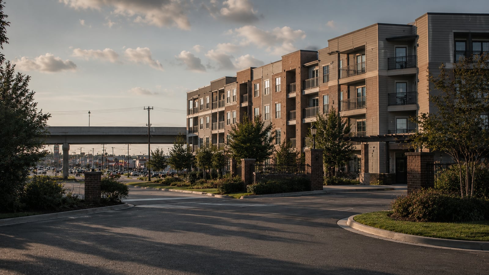 Modern apartment complex entrance along a suburban commercial road with a highway overpass visible in the background, late afternoon light