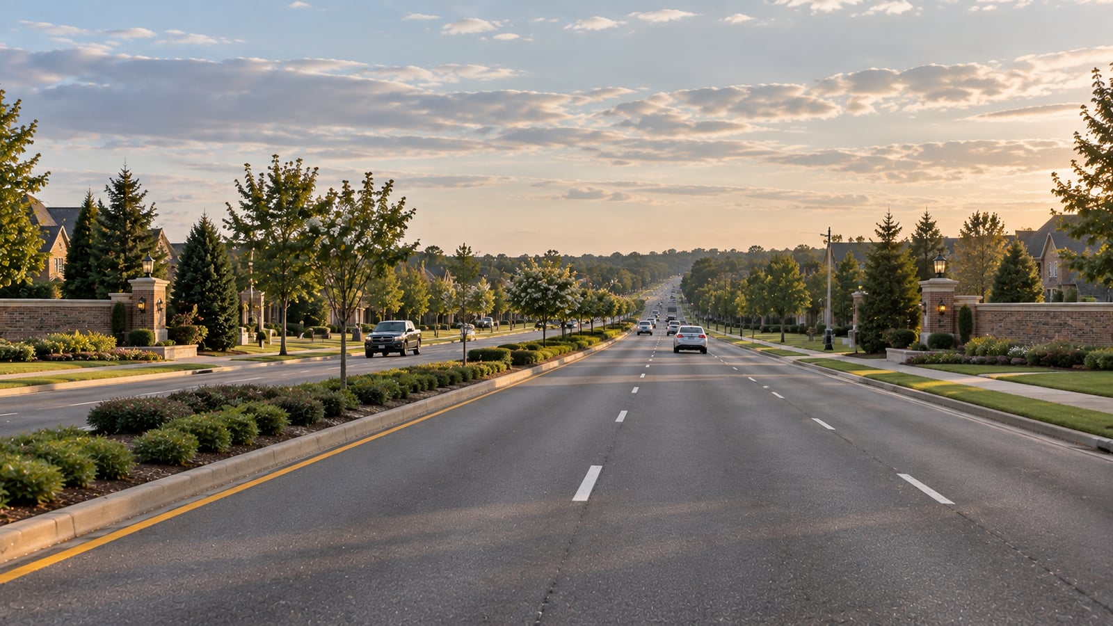 Looking down Airline Road in Arlington Tennessee between two newer subdivision entrances on a quiet afternoon
