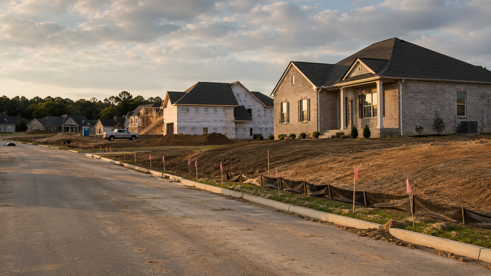 A newer suburban subdivision street showing freshly graded lots and homes at various stages of construction, with visible elevation differences from road to finished floor