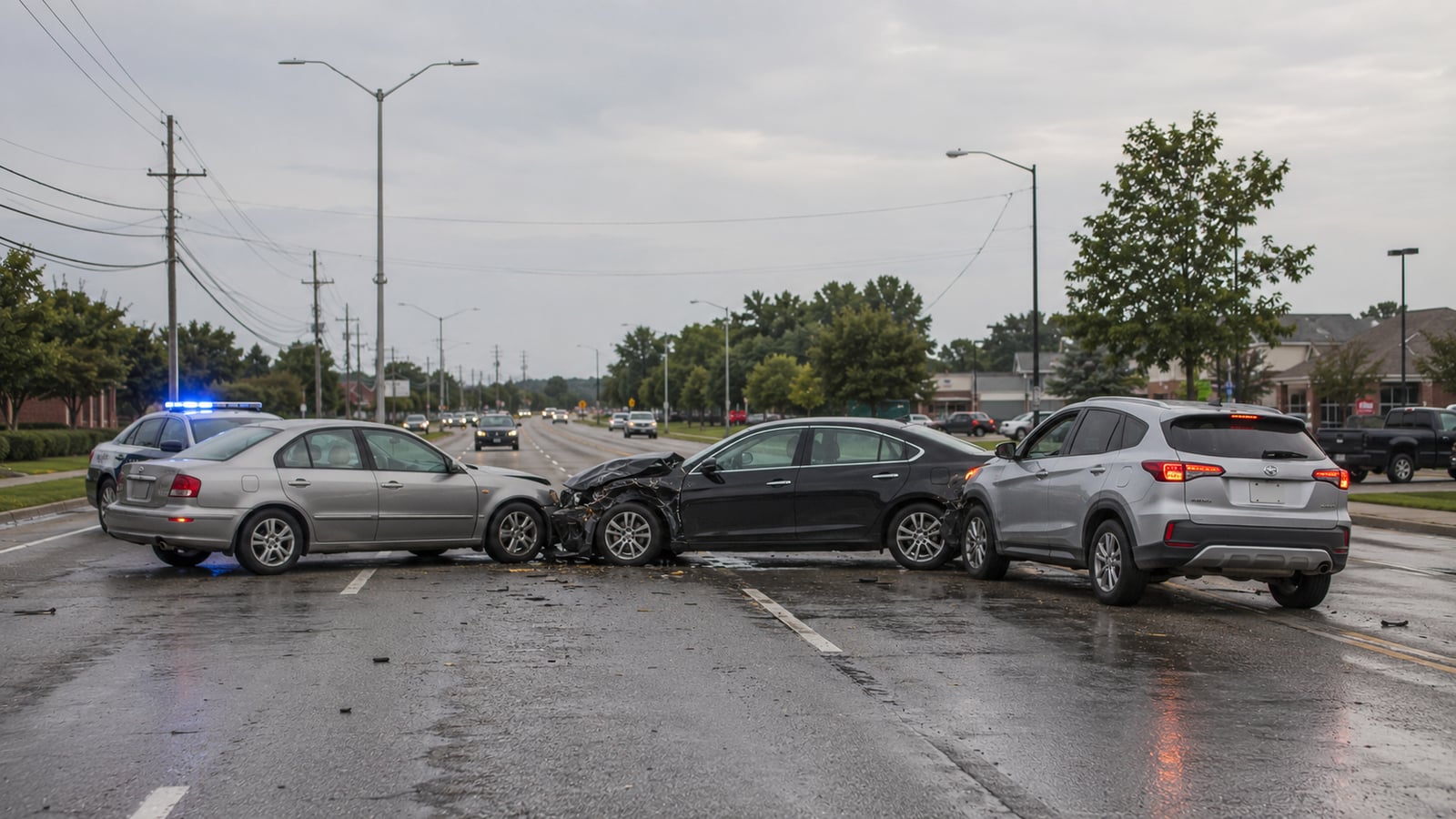 Multi-vehicle accident on a suburban arterial road with a police cruiser and hazard lights visible