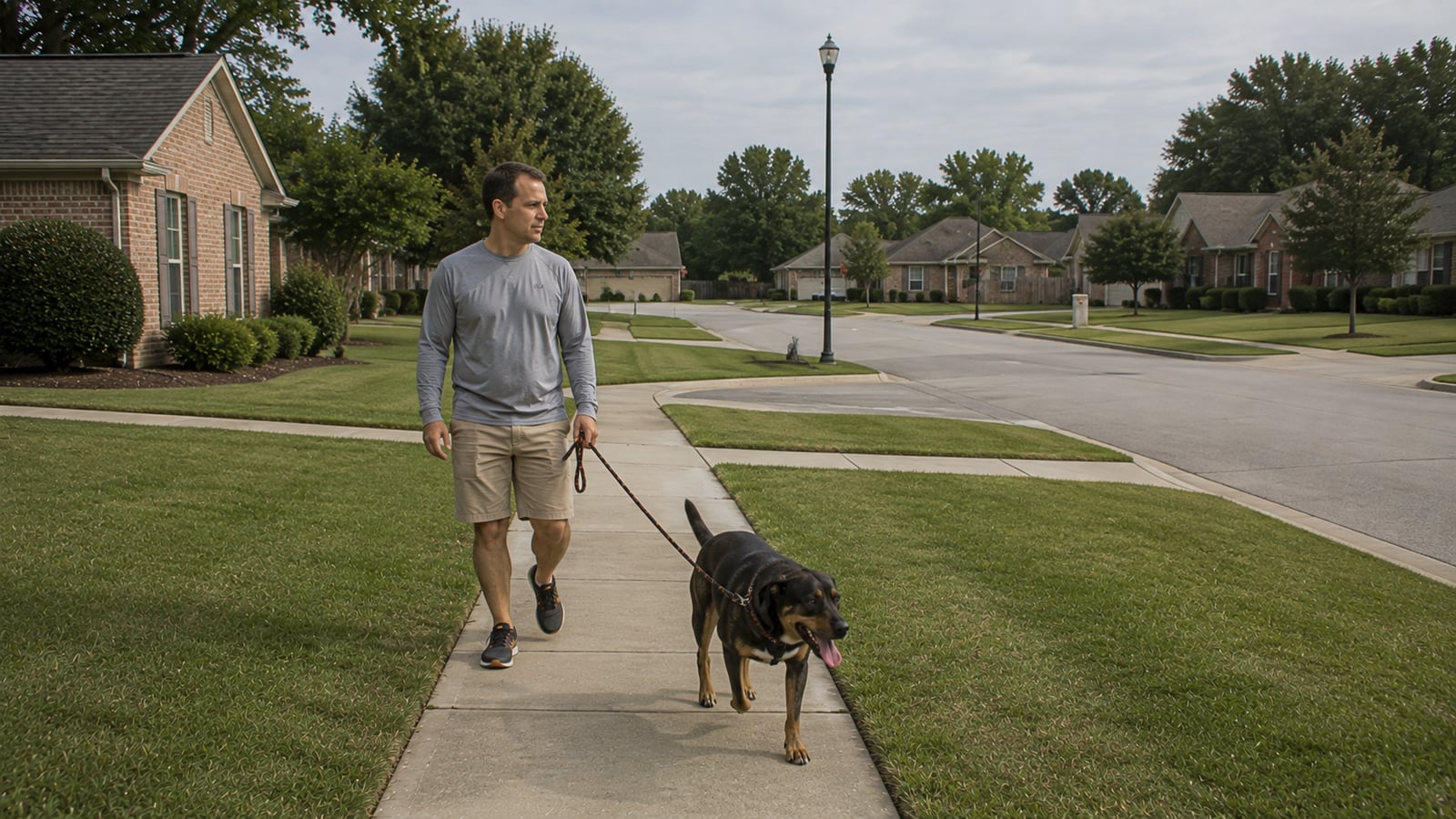 Middle-aged man walking a large dog along a sidewalk in a DeSoto County Mississippi suburban neighborhood on a weekday afternoon