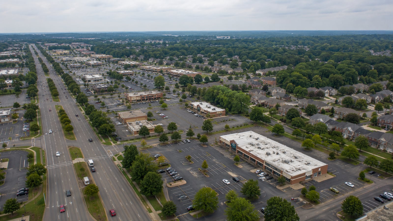 Germantown Parkway corridor in Cordova Tennessee showing suburban retail development and mature tree-lined residential streets