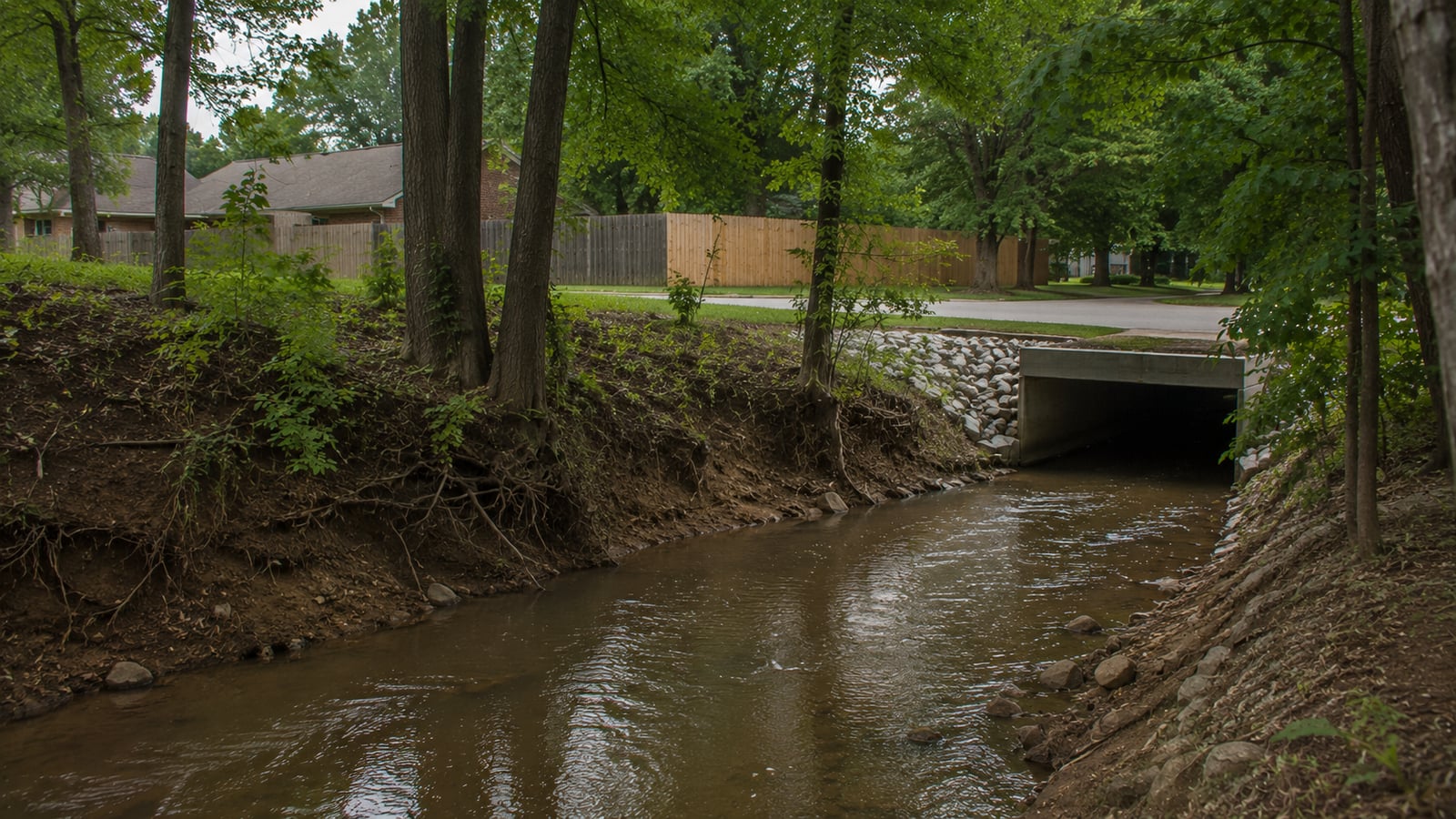 The Loosahatchie River running through a residential area in Arlington Tennessee near suburban back yards