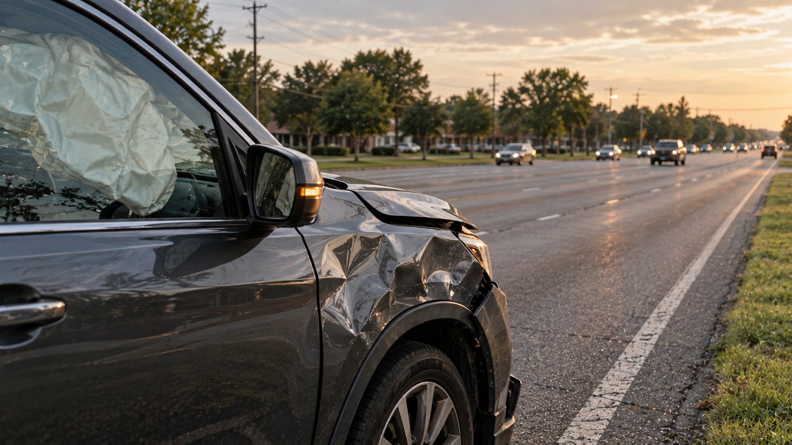 Crumpled front quarter panel of an SUV on the shoulder of a suburban arterial road with deployed side airbag visible