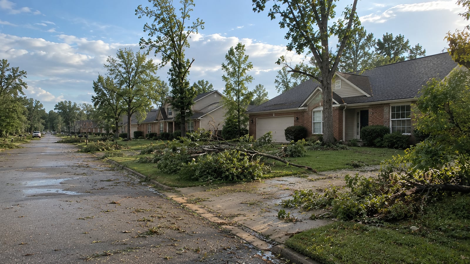 Suburban neighborhood street with storm debris after a hail and wind event