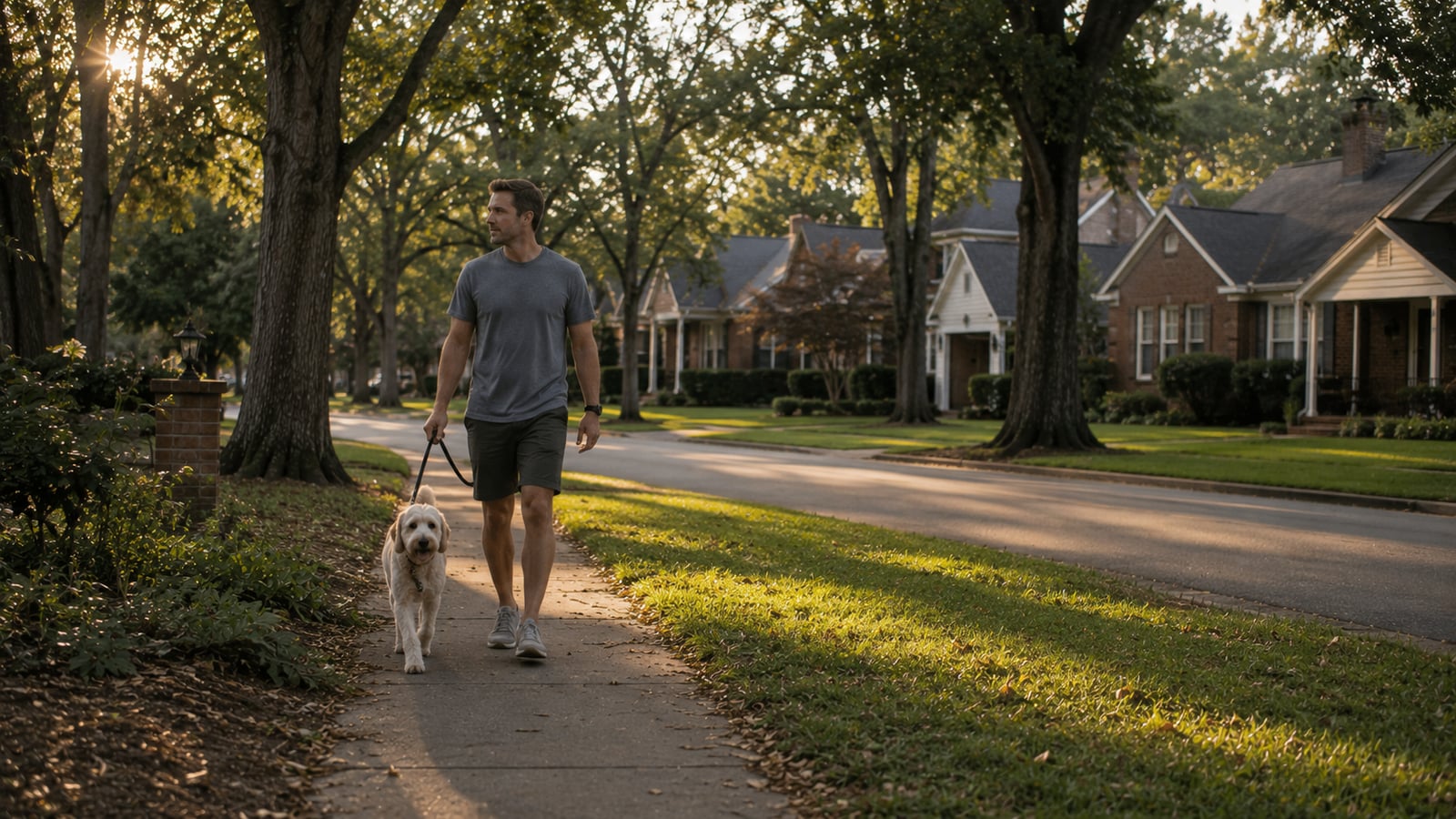 Man walking a dog on a shaded suburban sidewalk in Memphis in late afternoon light