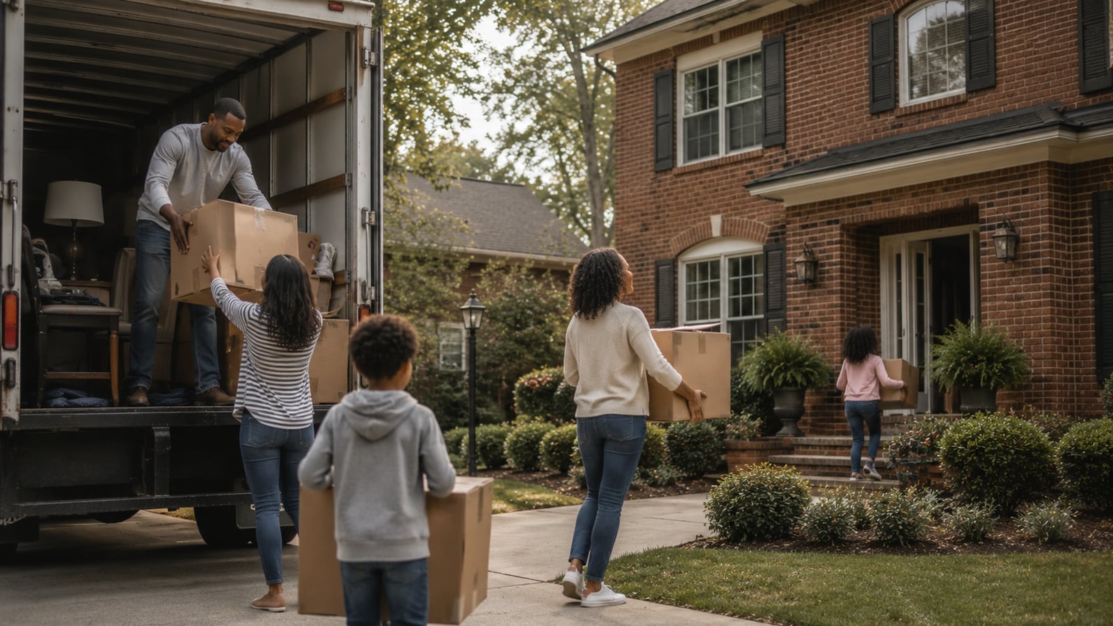 Family moving into a brick home on a tree-lined street in Hernando Mississippi