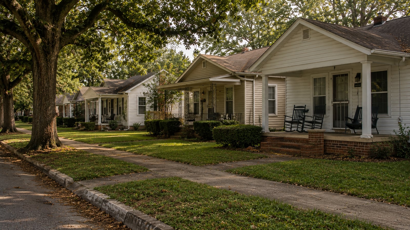 Tree-lined block of older single-story homes with wood siding in a Midtown Memphis neighborhood