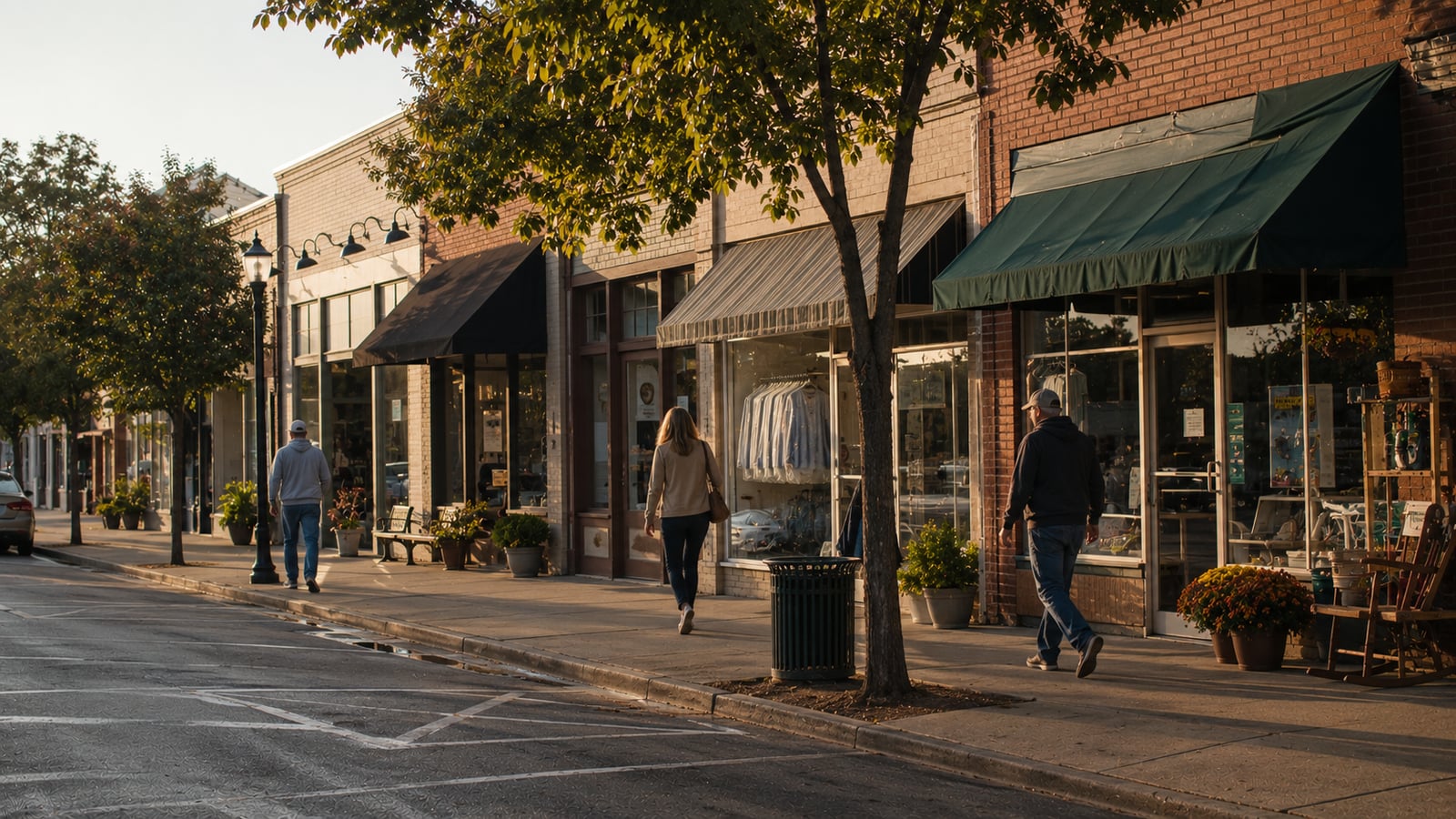 A row of locally owned storefronts on a suburban main street in the Mid-South, pedestrians walking past in early morning light