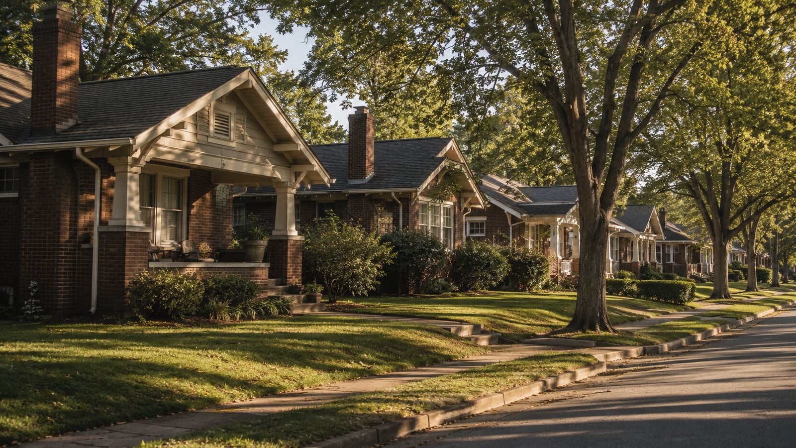 Row of older craftsman bungalow rental homes on a shaded Memphis neighborhood street