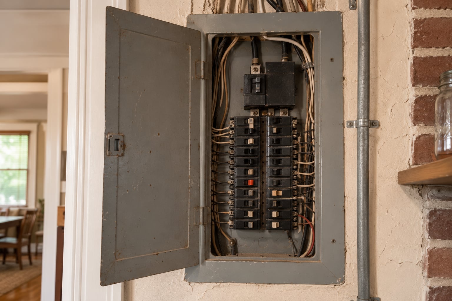 An older residential electrical panel box in a mid-century home with original breaker configuration and aging wiring, representing the type of system common in pre-1969 Memphis housing.